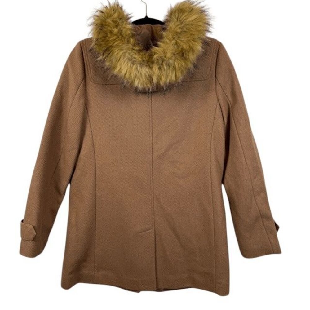 Cole Haan Signature Wool Leather Snap Faux-Fur-Trim Hooded Coat Camel Tan Size 4 - Picture 6 of 16